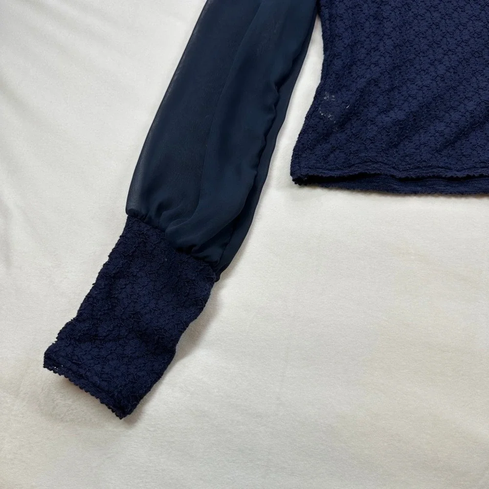 Free‎ People Navy Blue Textured Top Sheer Balloon Long Sleeve Blouse XS
